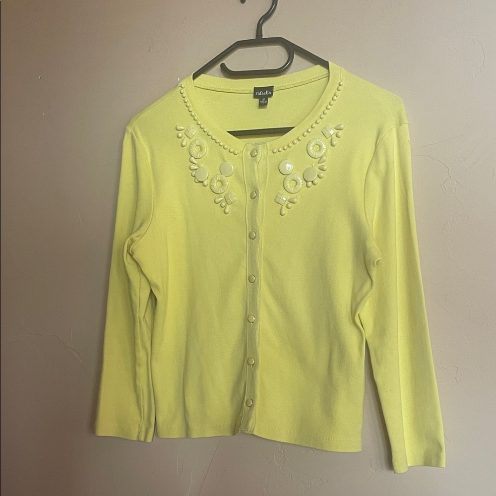 Rafaella Lemon Yellow Beaded Crewneck Cardigan and decorative buttons. So cute